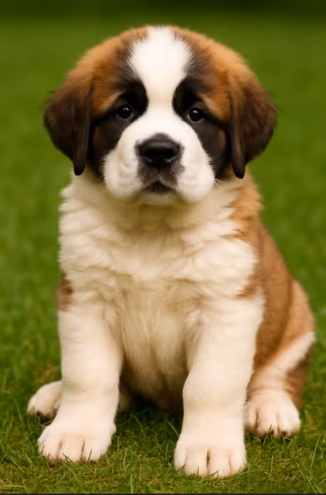 Saint Bernard puppy sitting on grass with fluffy red and white coat and dark mask – male, female, and unique dog name ideas inspiration