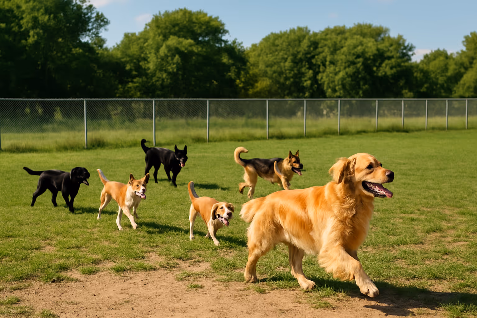 Several dogs of different breeds running and playing together in a fenced off-leash dog park on a sunny day with green grass and trees in the background.