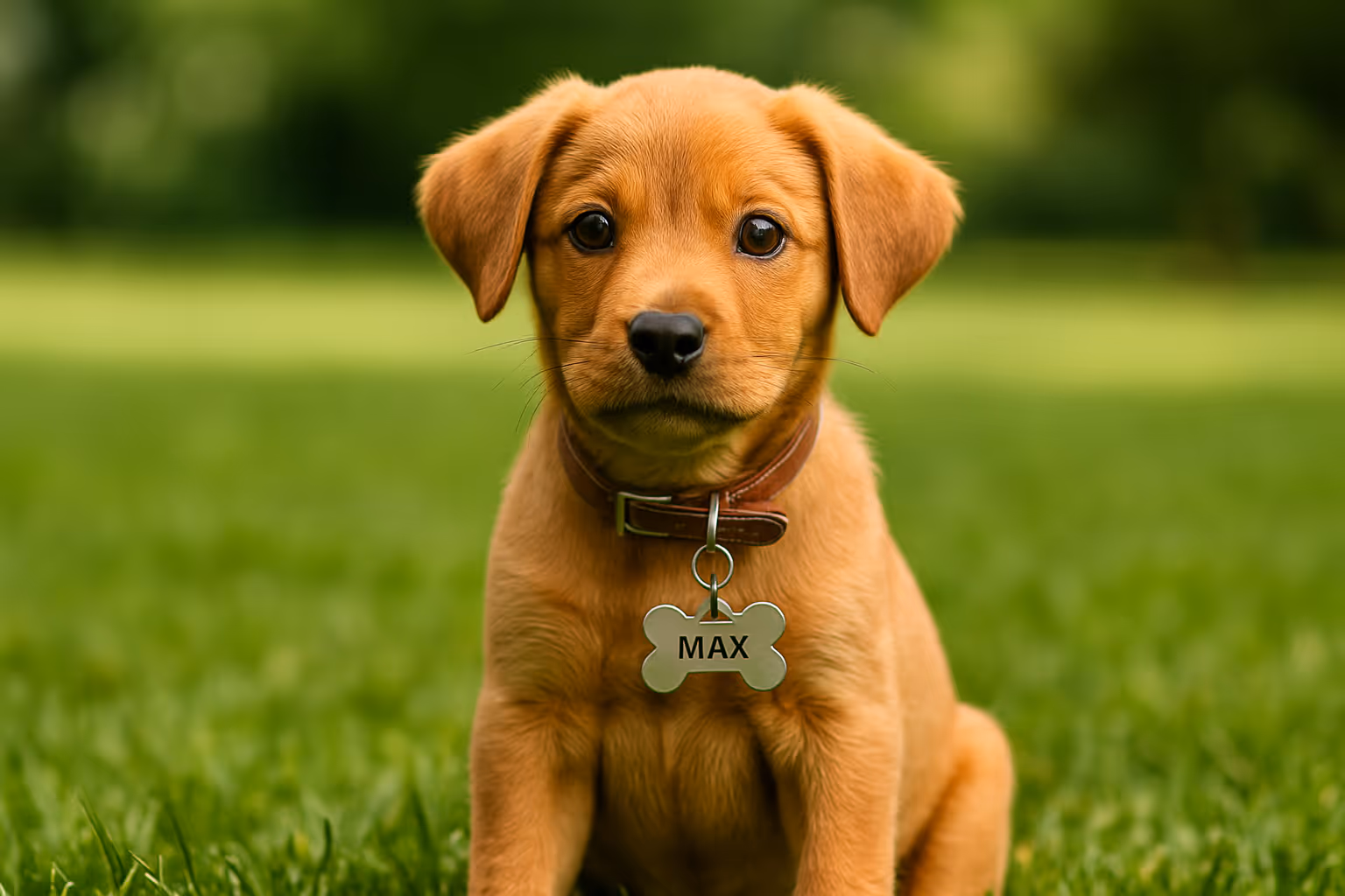 Cute golden-brown puppy sitting on green grass in a park, wearing a collar with a bone-shaped name tag that says Max.