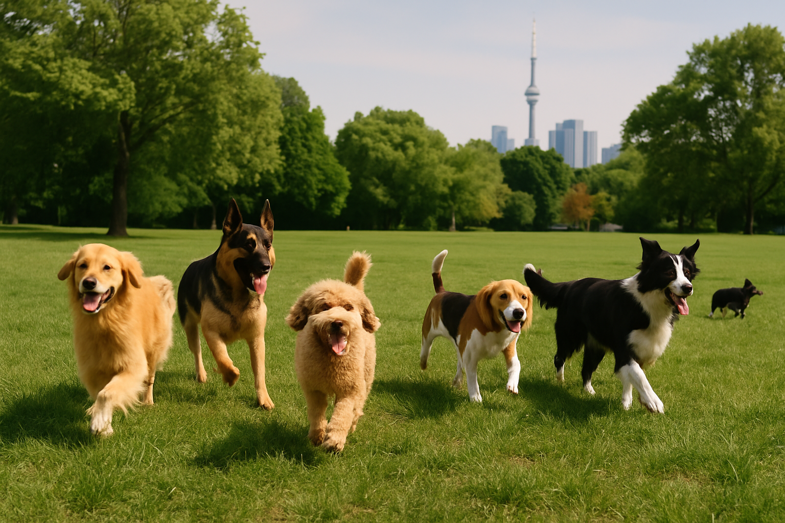 Six dogs of different breeds running and playing together in a large grassy Toronto park with the city skyline in the background.