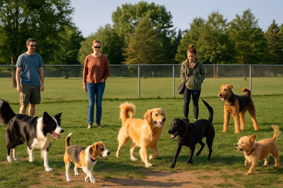 Group of dogs of different breeds playing together in a fenced Canadian dog park while their owners watch and supervise on a sunny day.