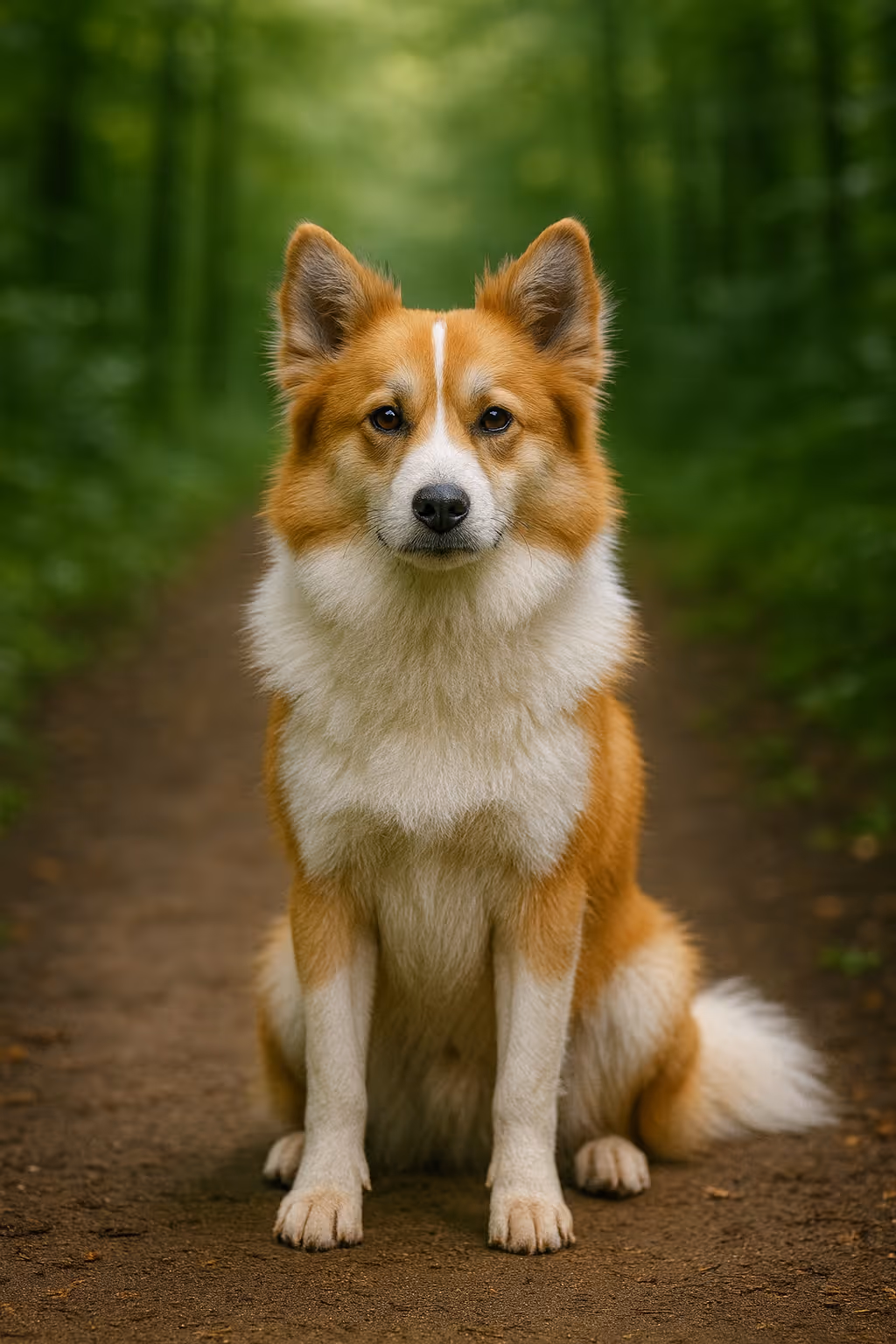 Icelandic Sheepdog sitting on a forest path, full-body portrait with lush green background.