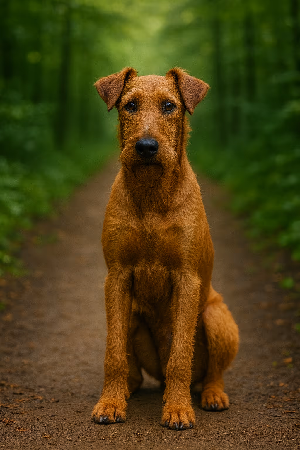 Irish Terrier sitting on a forest path, full-body portrait with wiry red coat, shallow depth of field, centered composition.