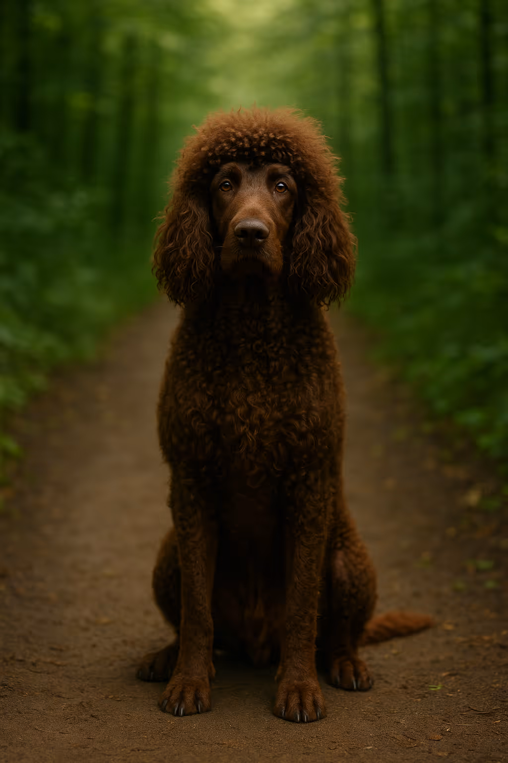 Irish Water Spaniel sitting on a forest path, full-body portrait with curly liver coat and topknot, shallow depth of field.