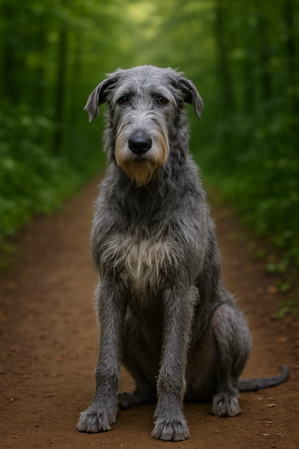 Irish Wolfhound sitting on a forest path, full-body portrait with rough grey coat and gentle expression.