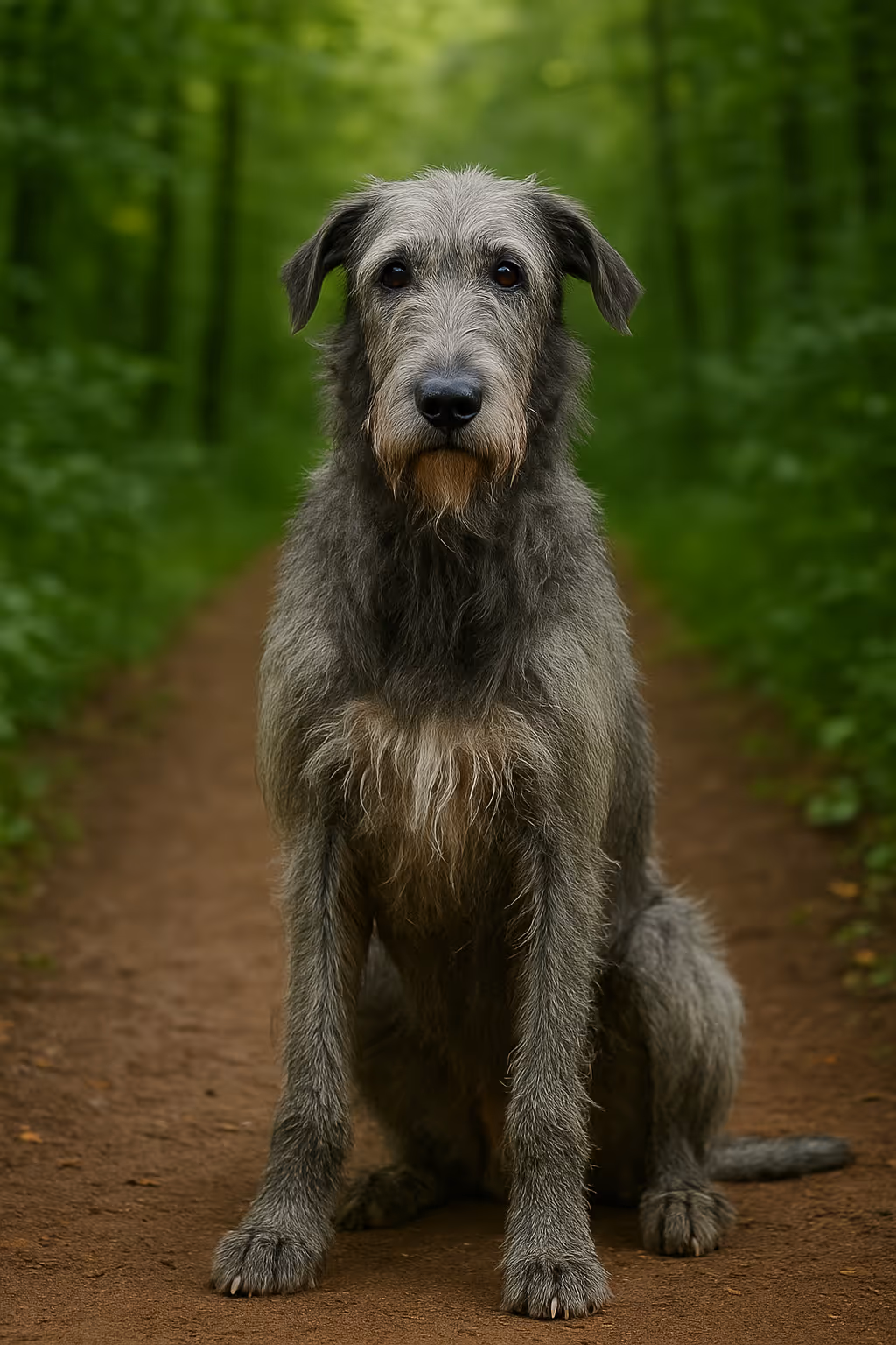 Italian Spinone sitting on a forest path, wiry white-and-orange coat with beard and eyebrows, centered portrait.
