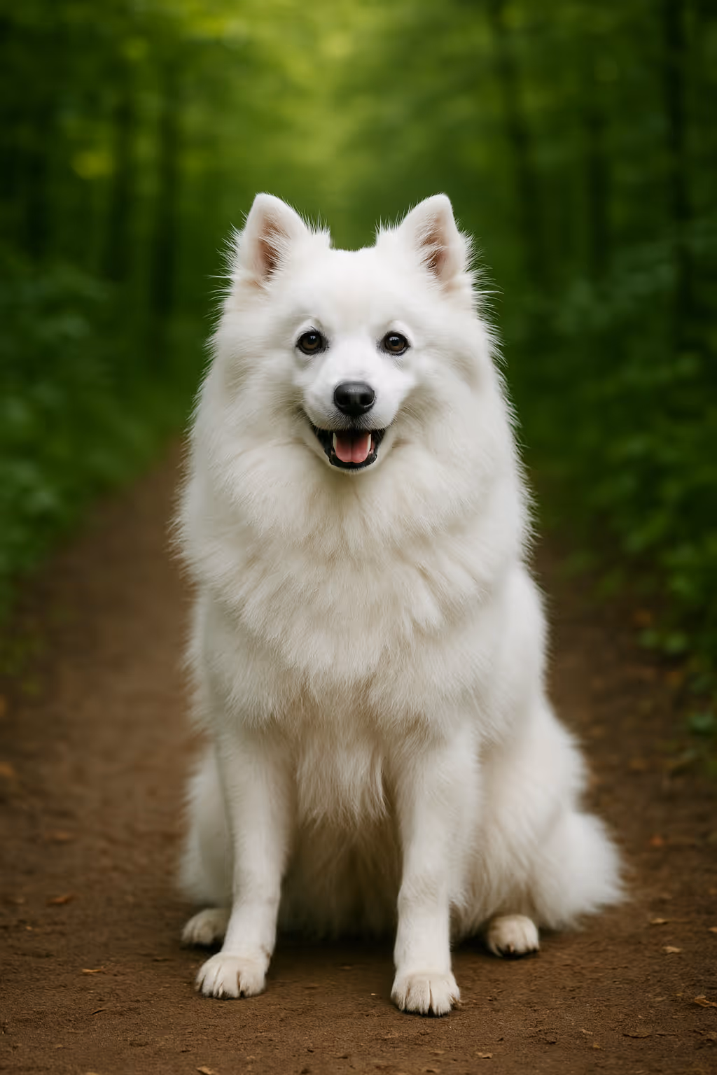 Japanese Spitz sitting on a forest path, fluffy white double coat and smiling expression, centered portrait with soft green background.