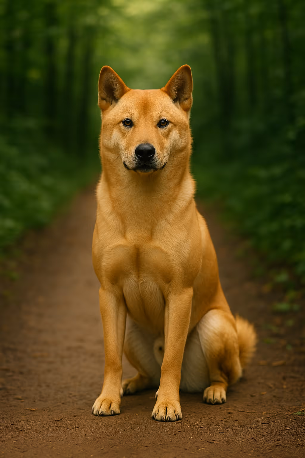 Korean Jindo sitting on a forest path, full-body portrait with tan double coat, erect ears and curled tail, shallow depth of field.