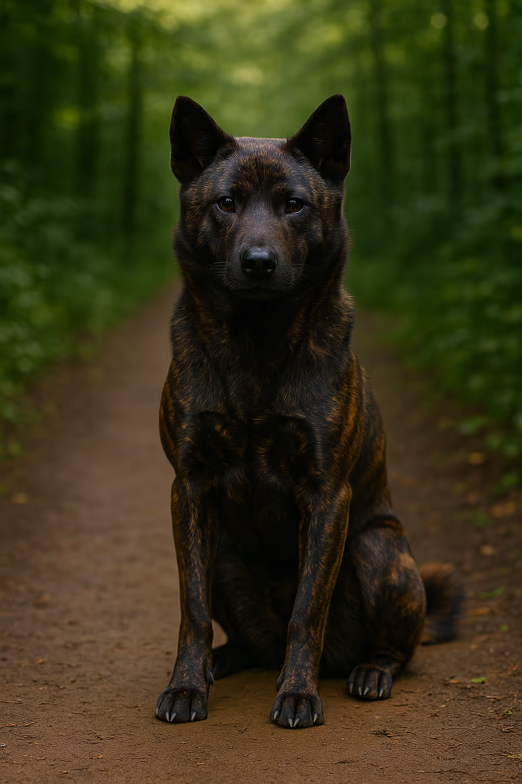 Kai Ken sitting on a forest path, tiger-striped brindle coat, erect ears and curled tail, centered full-body portrait.