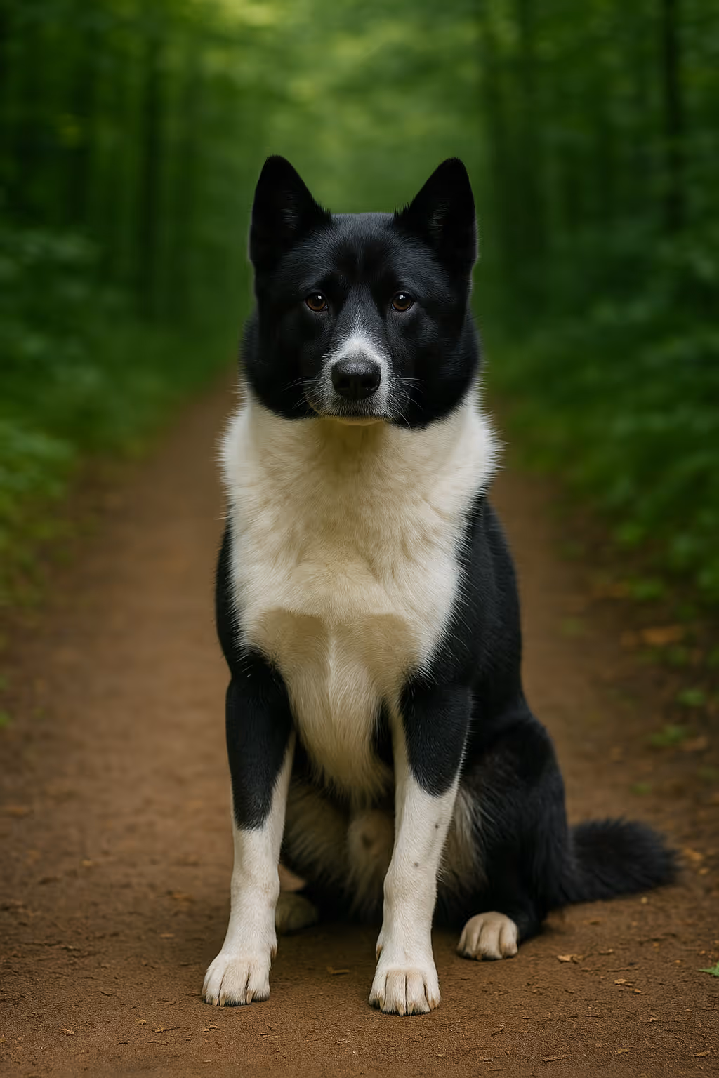 Karelian Bear Dog sitting on a forest path, black-and-white coat with pricked ears, focused expression, soft background blur.