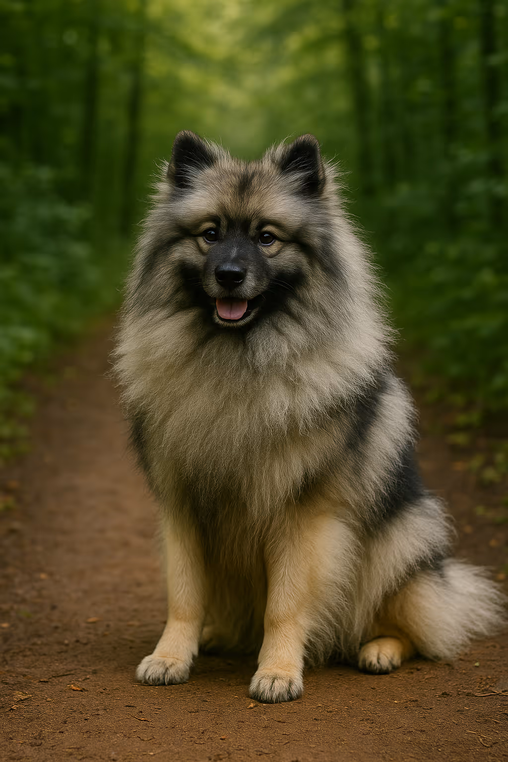 Keeshond sitting on a forest path, fluffy silver-and-black double coat with “spectacles,” centered portrait with soft green background.