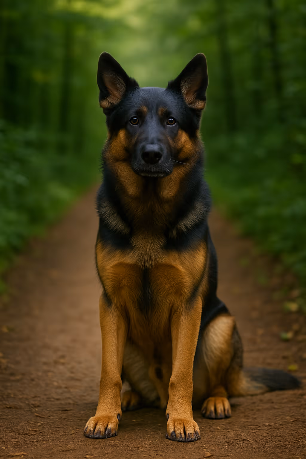 King Shepherd sitting on a forest path, full-body portrait with black-and-tan coat, erect ears, shallow depth of field.