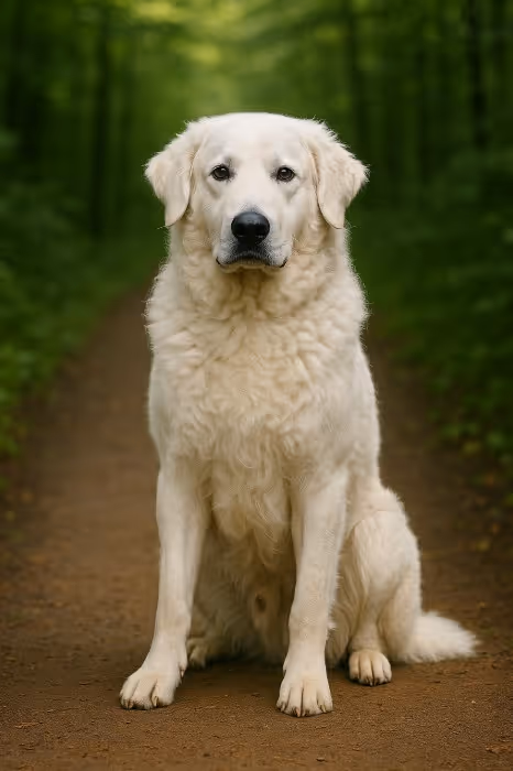 Kuvasz sitting on a forest path, full-body portrait with thick white double coat and steady gaze.