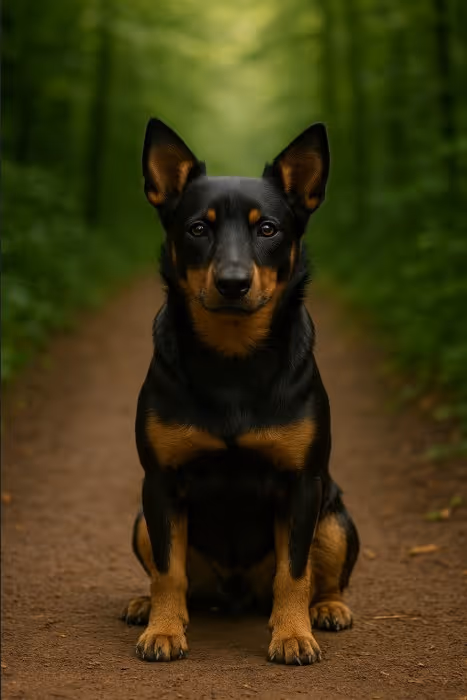 Lancashire Heeler sitting on a forest path, black-and-tan short coat with pricked ears, full-body centered portrait and green background blur.