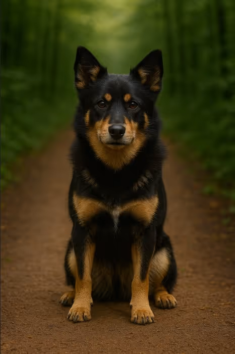Lapponian Herder sitting on a forest path, thick black coat with tan markings, erect ears, centered composition with soft forest