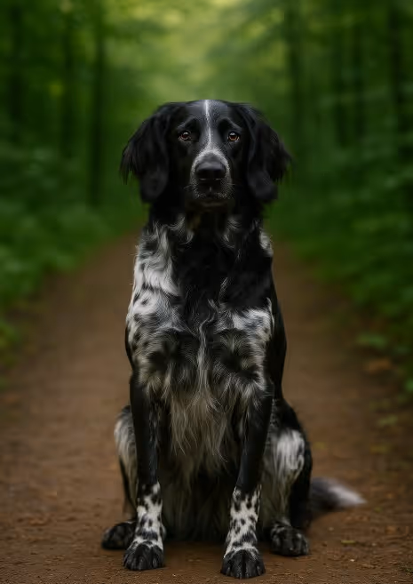 Large Munsterlander sitting on a forest path, black-and-white coat with feathering, calm gaze, centered portrait with lush green background.