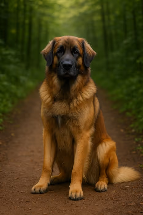 Leonberger sitting on a forest path, full-body portrait with tawny double coat, black mask and gentle expression