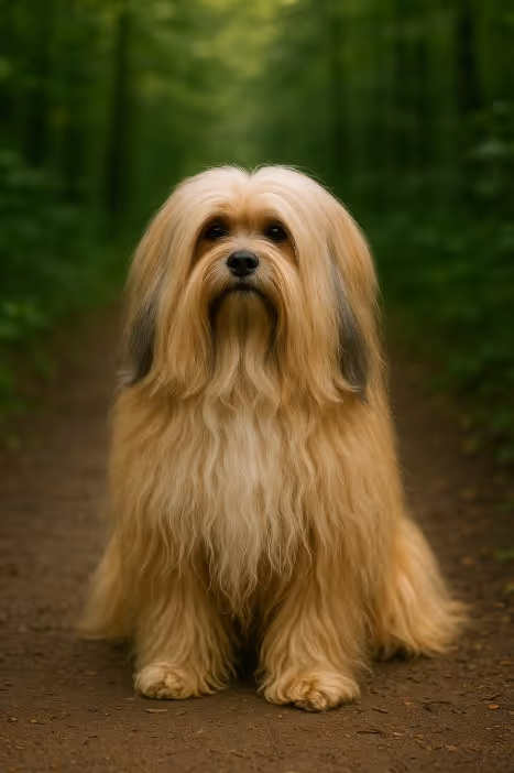 Lhasa Apso with long, straight golden coat sitting on a forest path, centered full-body portrait with shallow depth of field.