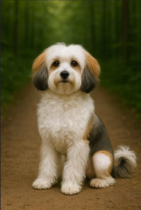 Löwchen sitting on a forest path, low-shedding wavy coat in lion clip, attentive gaze, soft green forest background.
