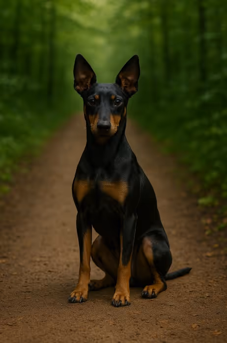 Manchester Terrier sitting alert on a forest path, glossy black-and-tan coat with erect ears, full-body centered portrait.