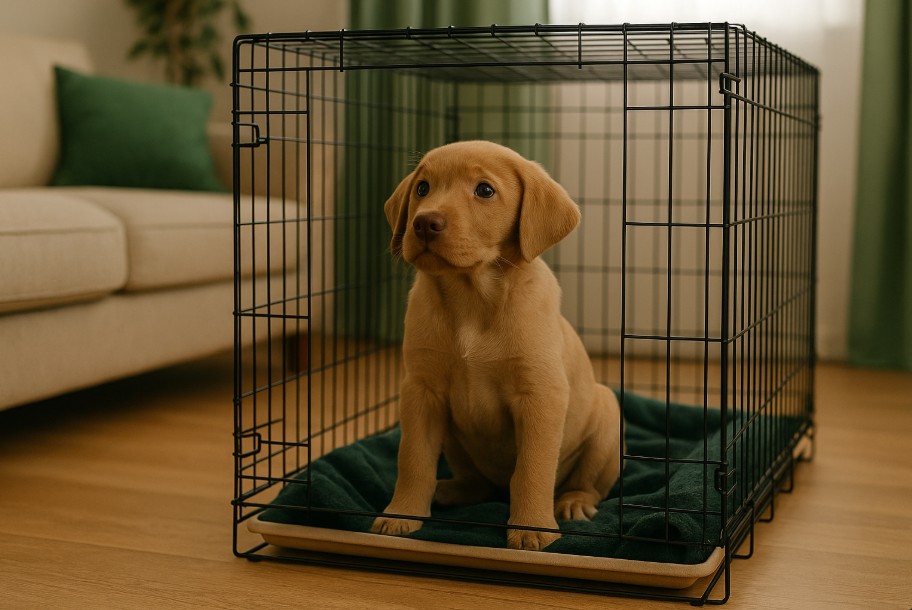 Young Labrador Retriever puppy sitting calmly inside a wire crate with a green blanket in a modern Canadian living room.