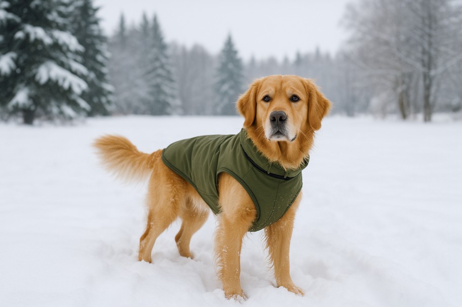 Golden Retriever wearing a green winter jacket standing in a snowy Canadian landscape with trees in the background, representing safe winter dog care.