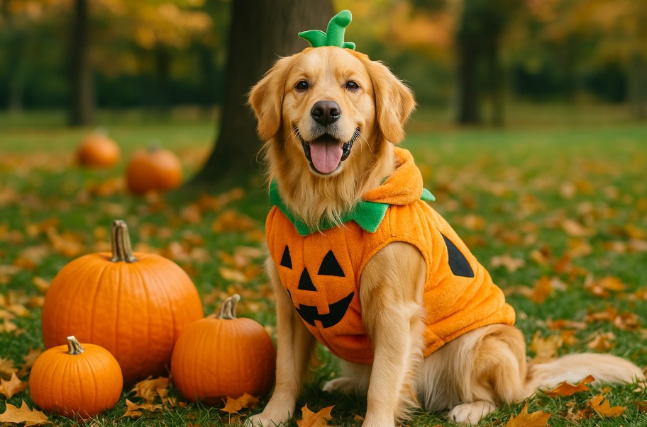 Golden Retriever dressed in a pumpkin costume sitting among pumpkins and autumn leaves in a Canadian backyard, symbolizing Halloween dog costume ideas.
