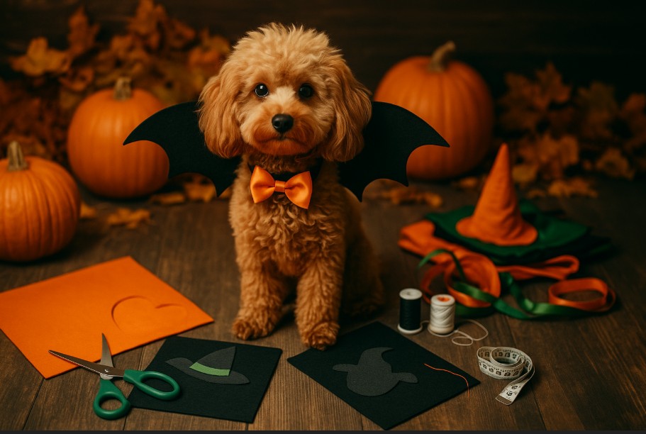 Small fluffy golden-brown dog wearing bat wings sitting among craft supplies and pumpkins, representing DIY Halloween dog costumes.