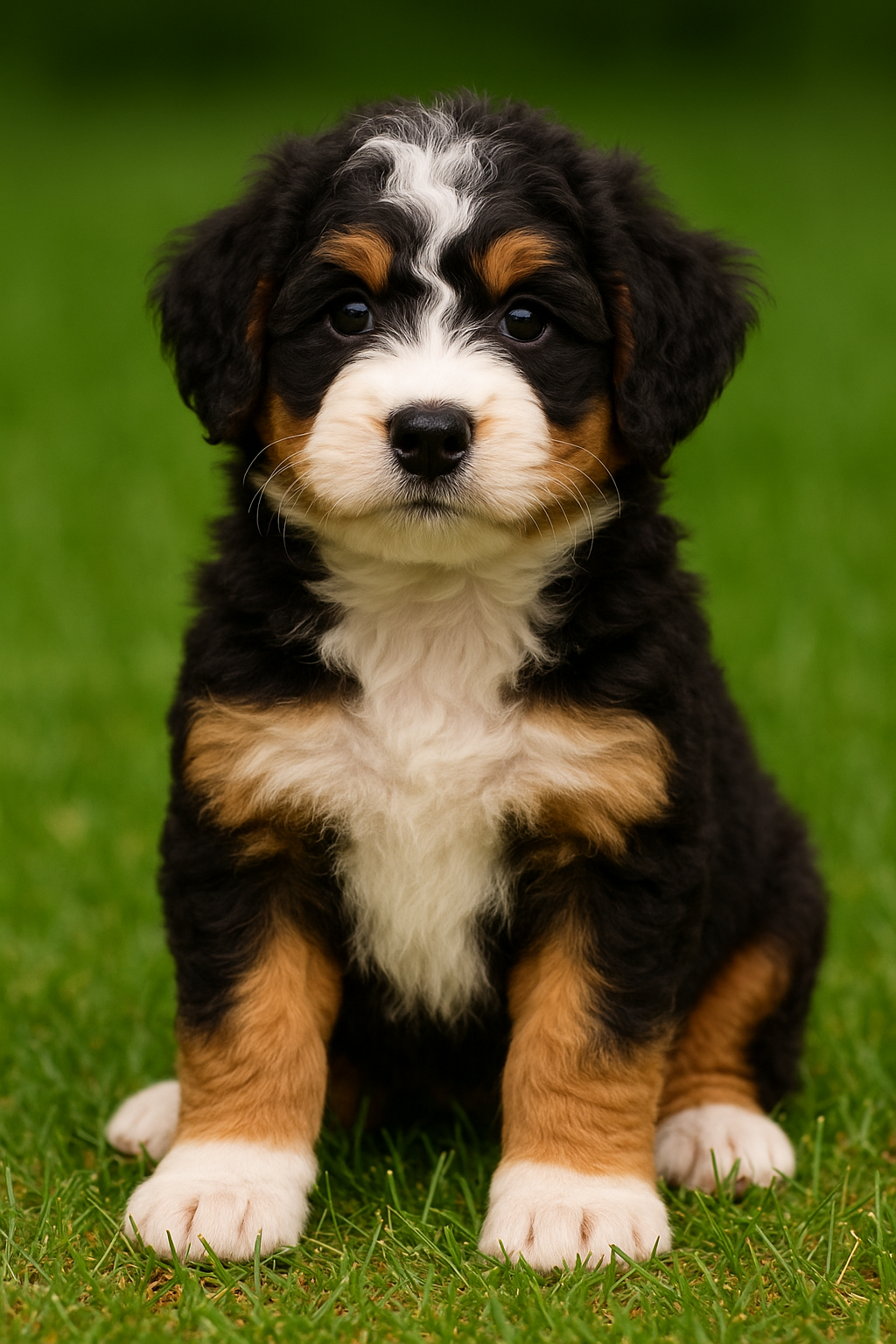 Bernedoodle puppy sitting on grass with fluffy tri-color coat – male, female, and unique dog name ideas inspiration