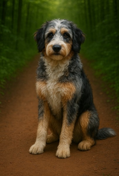 Bernedoodle puppy with tri-colored coat sitting on a forest trail, portrait style with green blurred background