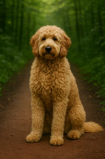 Goldendoodle puppy sitting on a forest trail with soft green background, curly golden coat, portrait style