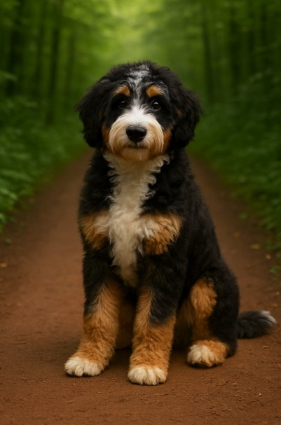 Aussiedoodle puppy with fluffy merle-pattern coat sitting on a forest trail, portrait style with soft green background