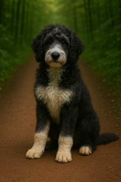 Bordoodle puppy with black and white curly coat sitting on a forest trail, portrait style with natural green background