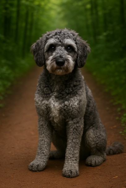 Schnoodle puppy with curly black and gray coat sitting on a forest trail, portrait style with soft green background