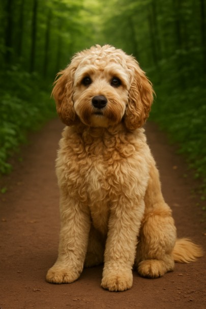 Cockapoo puppy with curly apricot and white coat sitting on a forest trail, portrait style with soft green background
