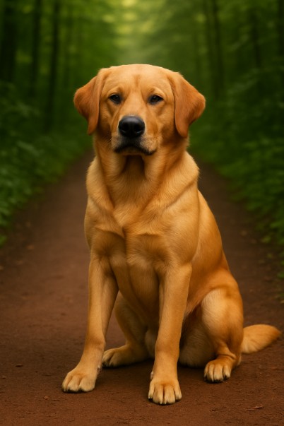Goldador puppy with golden-yellow coat sitting on a forest trail, portrait style with natural green background