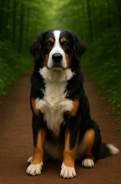 Great Bernese puppy with fluffy tri-colored black, white, and brown coat sitting on a forest trail, portrait style with green background