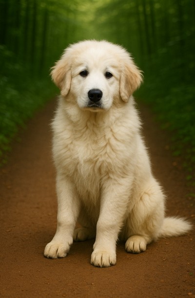 Pyrador puppy with thick cream and golden coat sitting on a forest trail, portrait style with natural green background