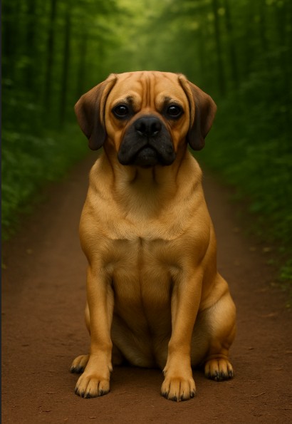 Puggle puppy with fawn coat and dark muzzle sitting on a forest trail, portrait style with natural green background