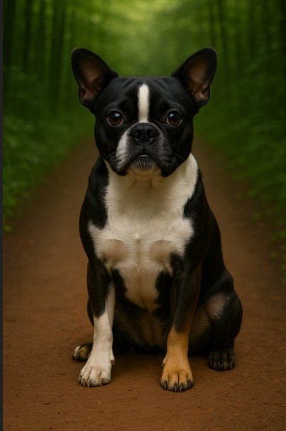 Bugg (Pugston) puppy with black and white coat sitting on a forest trail, portrait style with natural green background