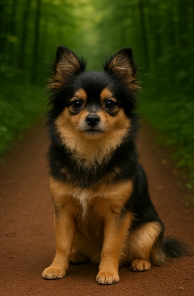 Chiweenie puppy with short tan coat sitting on a forest trail, portrait style with natural green background