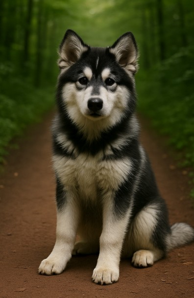 Husky Collie mix puppy with fluffy black and white coat sitting on a forest trail, portrait style with natural green background