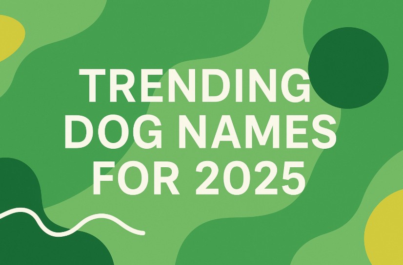 Trending dog names 2025 hero—bold white title over LeashFree green abstract shapes, editorial blog cover.