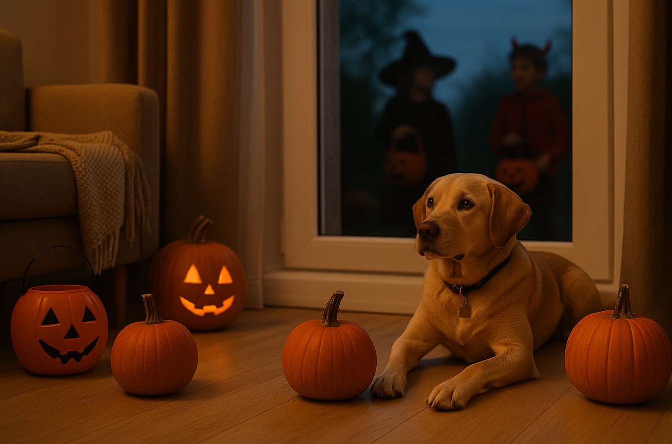 Calm Labrador lying indoors beside pumpkins and jack-o'-lanterns while trick-or-treaters stand outside the window, illustrating Halloween dog safety at home.