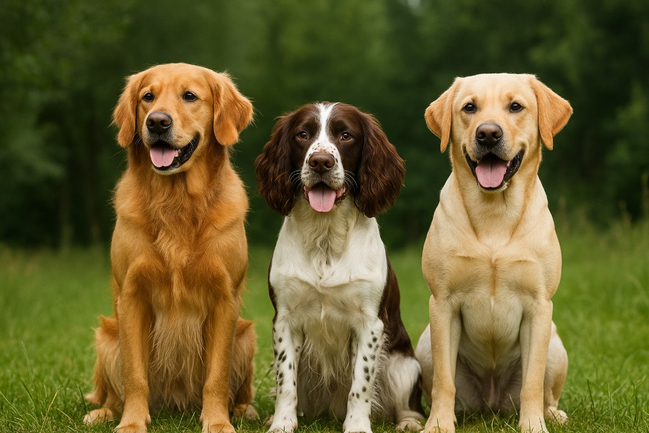 Golden Retriever, English Springer Spaniel, and Labrador Retriever sitting on grass in a lush green Canadian field, representing Sporting dog breeds.