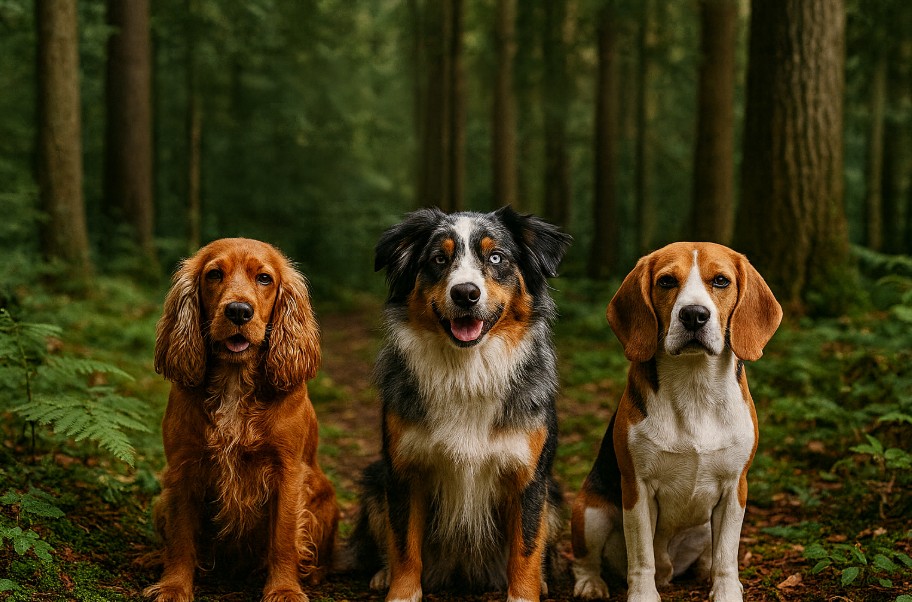 Border Collie, Australian Shepherd, and German Shepherd sitting alert on a forest trail in Canada, representing Herding dog breeds.