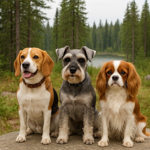Beagle, Bloodhound, and Greyhound standing alert on a misty Canadian forest trail at sunrise, representing Hound dog breeds.
