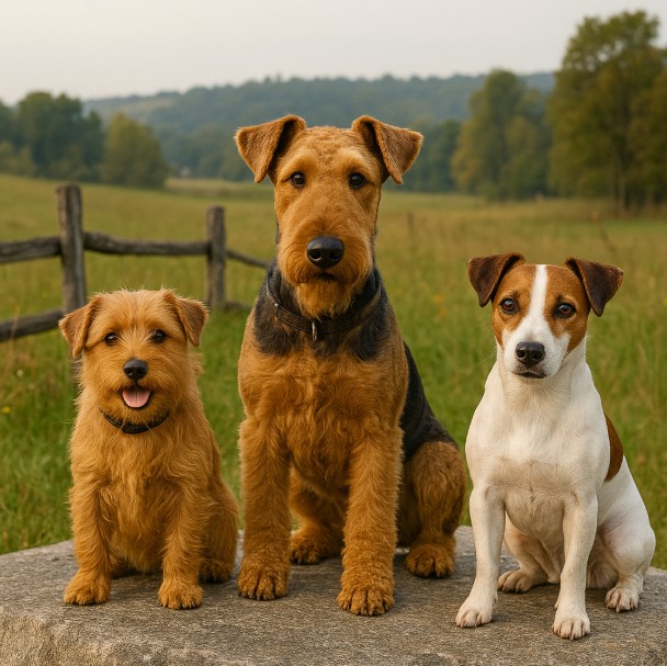 Airedale Terrier, Jack Russell Terrier, and Norfolk Terrier sitting on a rock in a green Canadian meadow with a wooden fence, representing Terrier dog breeds.