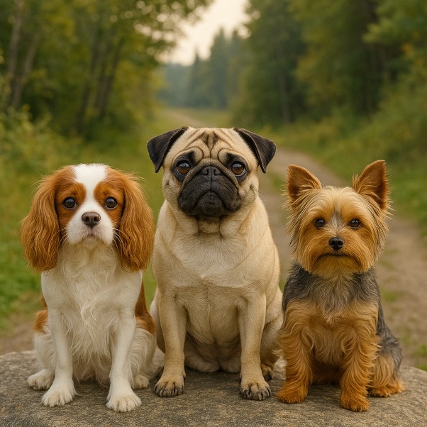 Cavalier King Charles Spaniel, Pug, and Yorkshire Terrier sitting on a rock along a wooded Canadian trail, representing Toy dog breeds.
