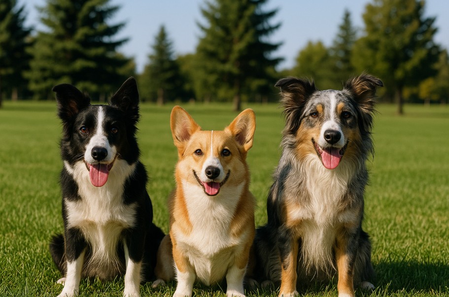 Goldendoodle, Bernedoodle, and Cavapoo playing together in a green Canadian park under soft afternoon sunlight, representing Hybrid and Designer dog breeds.